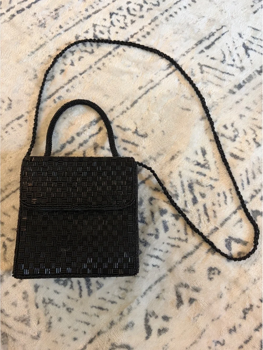 Black Woven Beaded Crossbody Bag with Top Handle